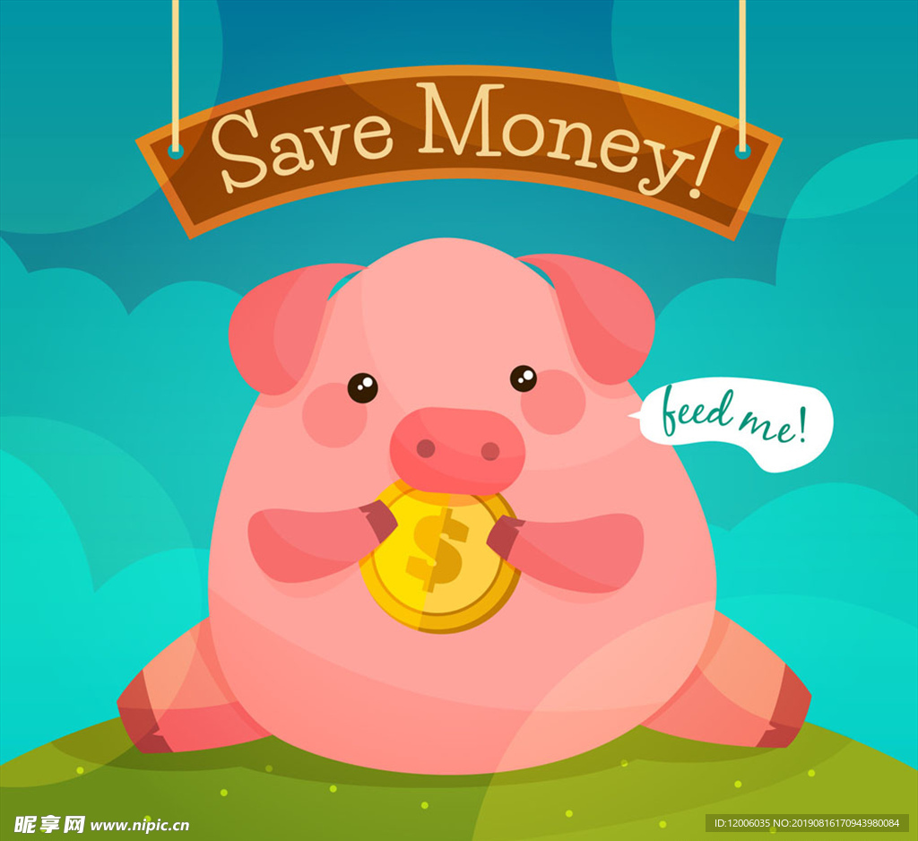 卡通粉色吃金币的储蓄罐猪