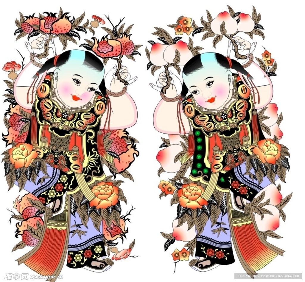 中国传统童子祝寿图矢量素材