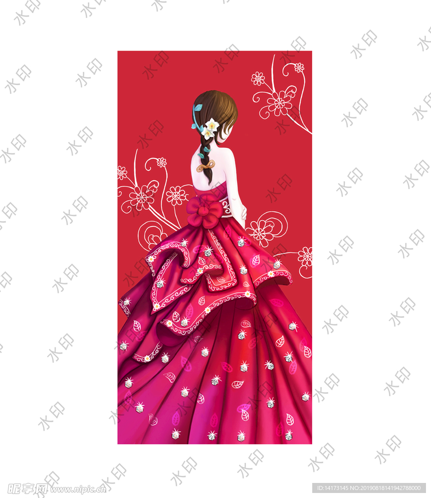 女神背影唯美红裙礼服图片