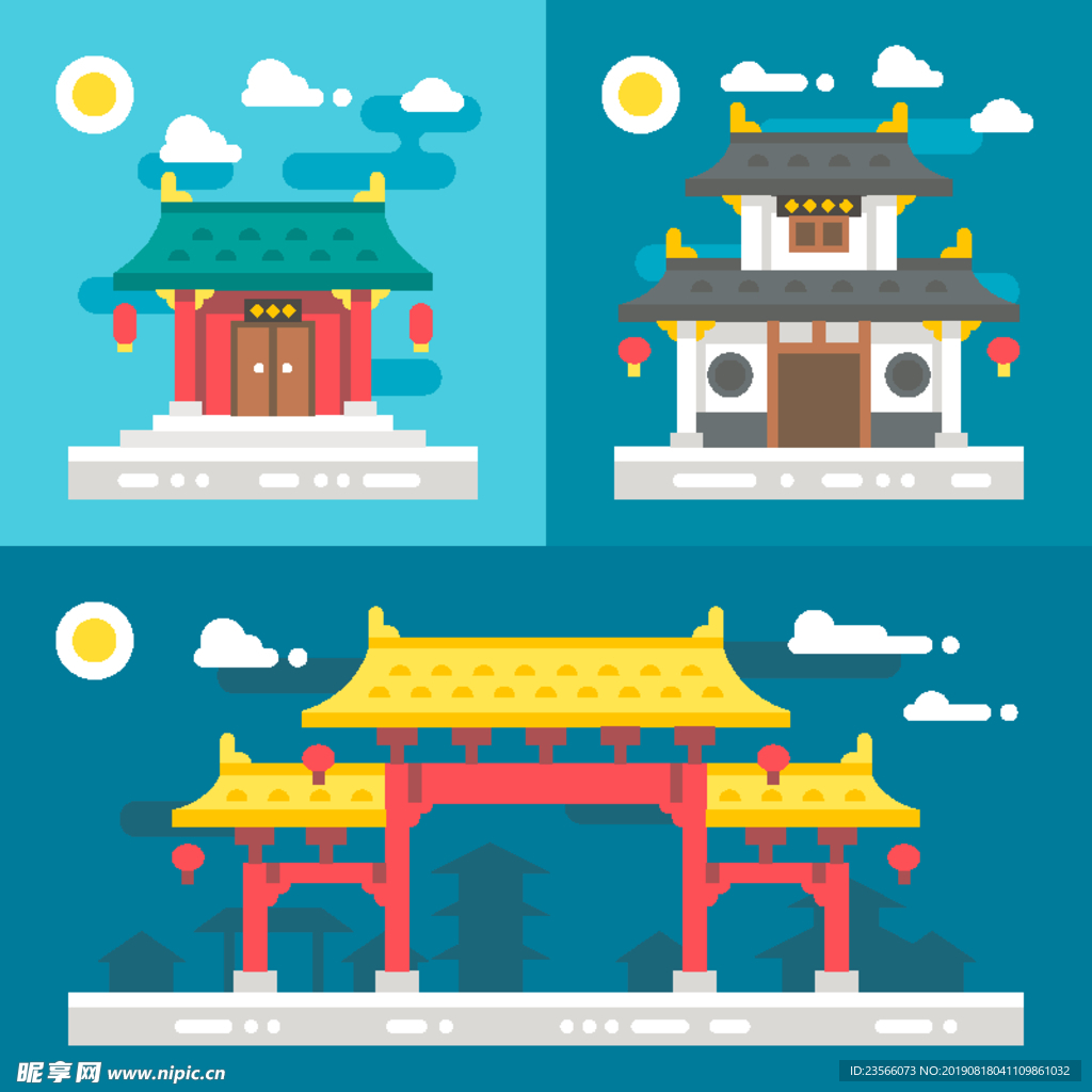 中式景点卡通设计图案