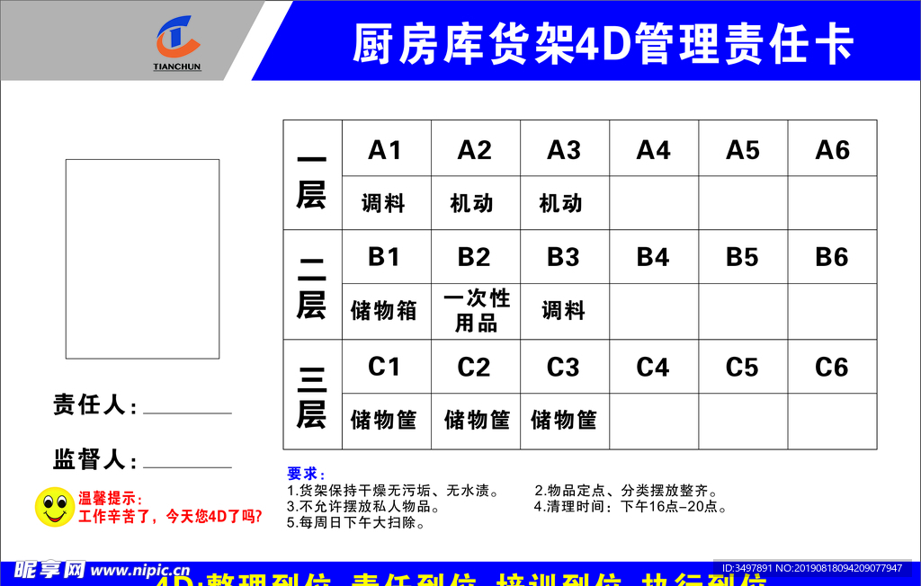 厨房库货架4D管理责任卡