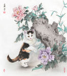 女画家卢芳工笔画三花猫