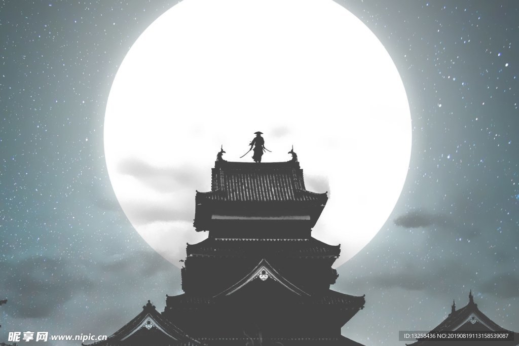 日式建筑月色武士背景