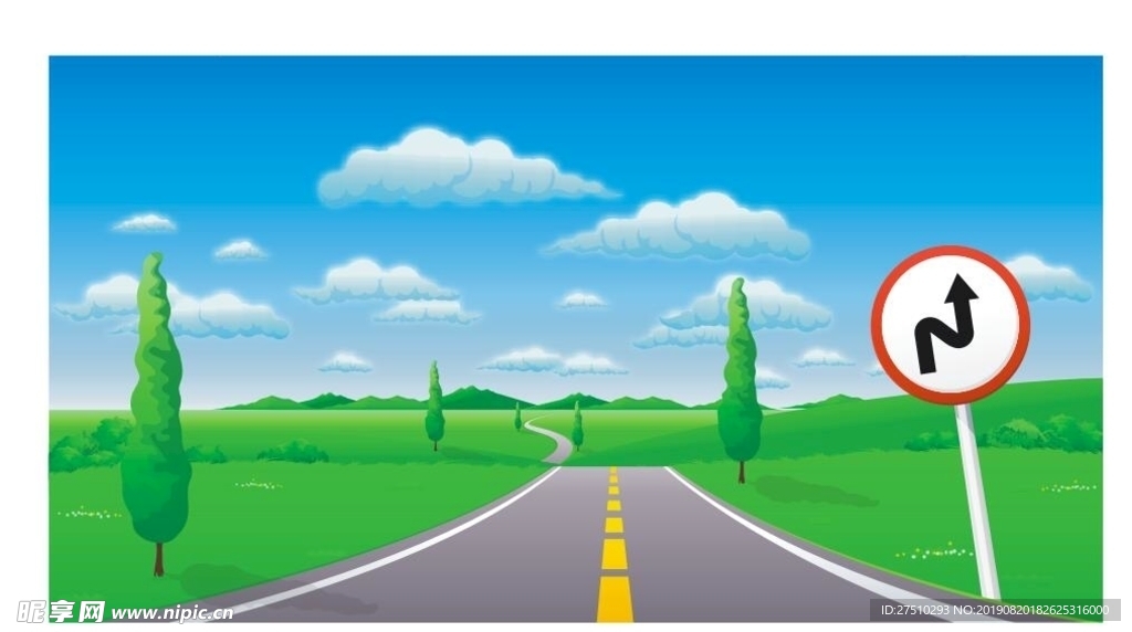 蓝天草地公路矢量图