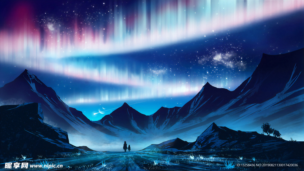 群山北极光插画背景