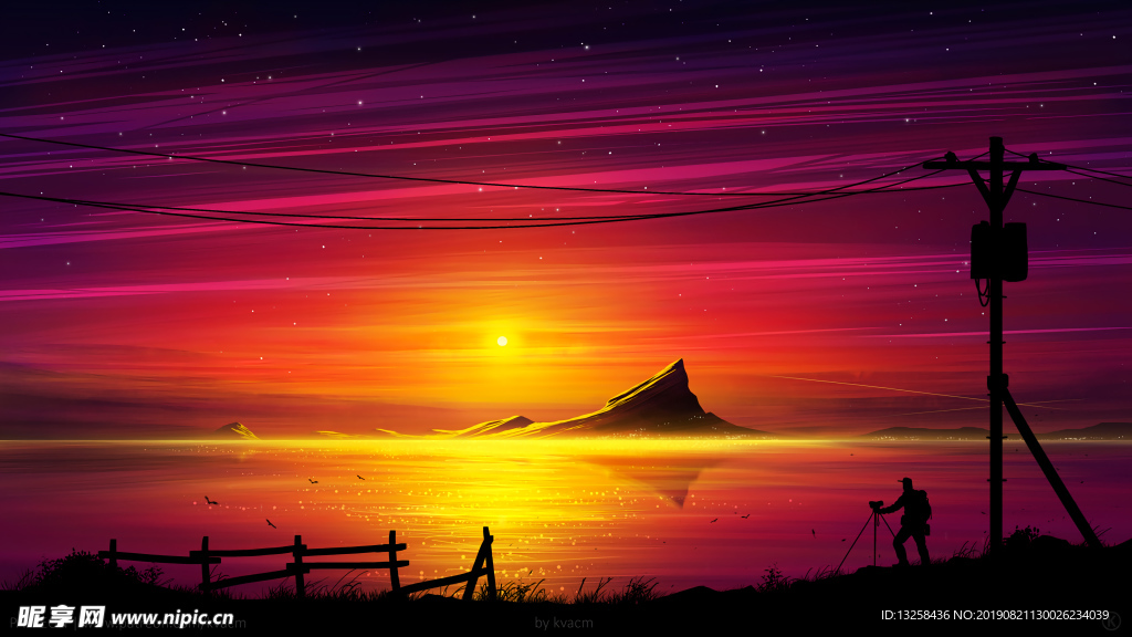 海边风景插画红色夕阳