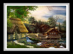 油画风景小屋竹子天鹅装饰画