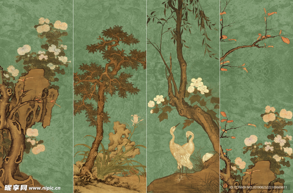 新中式国画工笔画四条屏现代风格