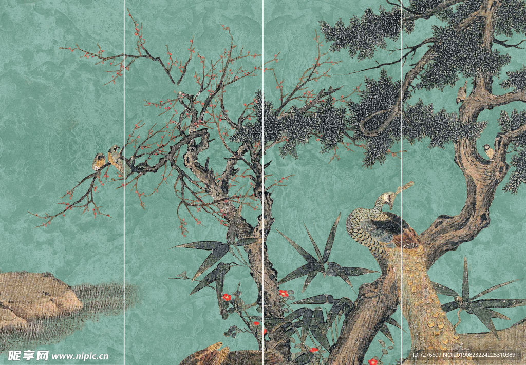 新中式国画工笔画四条屏现代风格