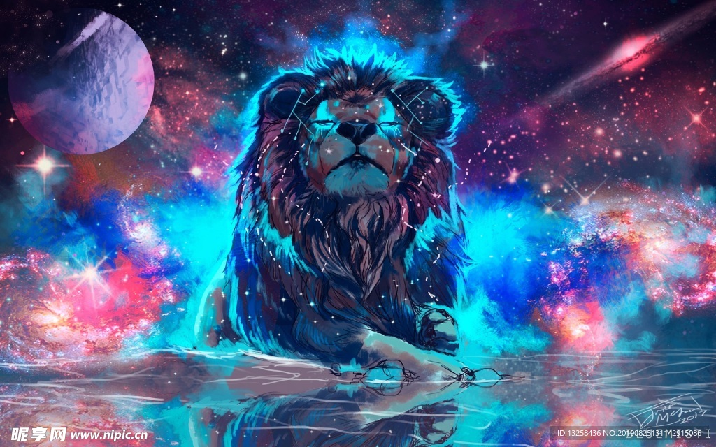 狮子插画彩色背景抽象
