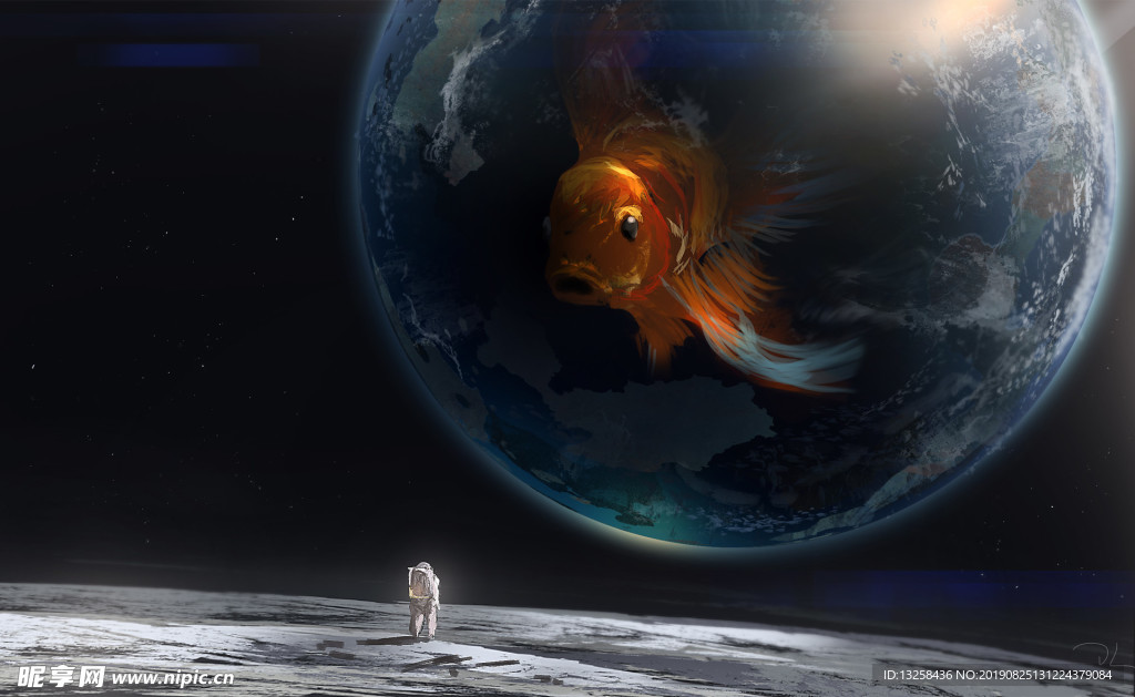 宇宙星空星球宇航员金鱼抽象背景