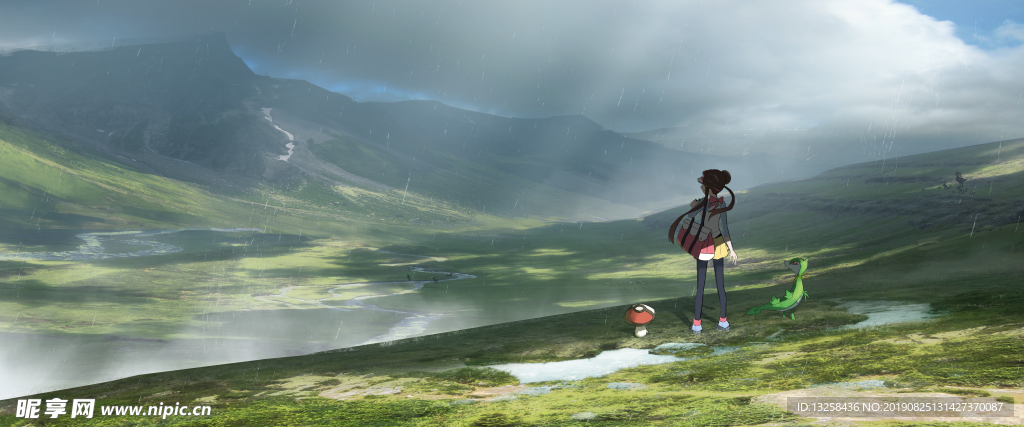 高原草原动漫人物插画背景
