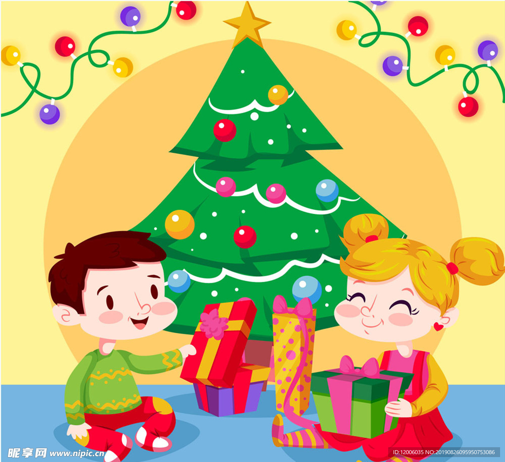 卡通客厅圣诞树旁的2个孩子