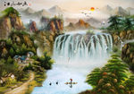 江山如画流水生财油画山水背景墙