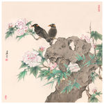 女画家卢芳工笔画八哥