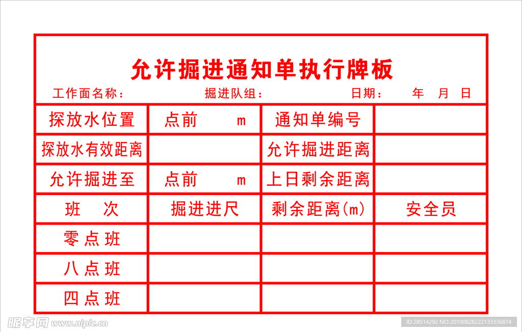 允许掘进通知单执行牌板