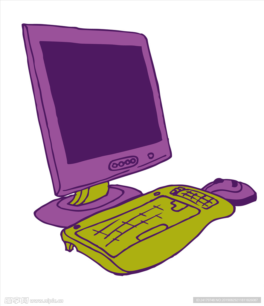手绘电脑显示器键盘鼠标矢量素材