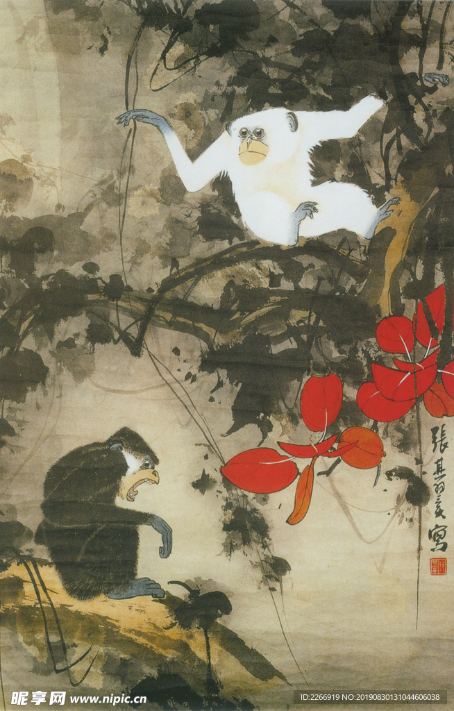 红叶双猿图