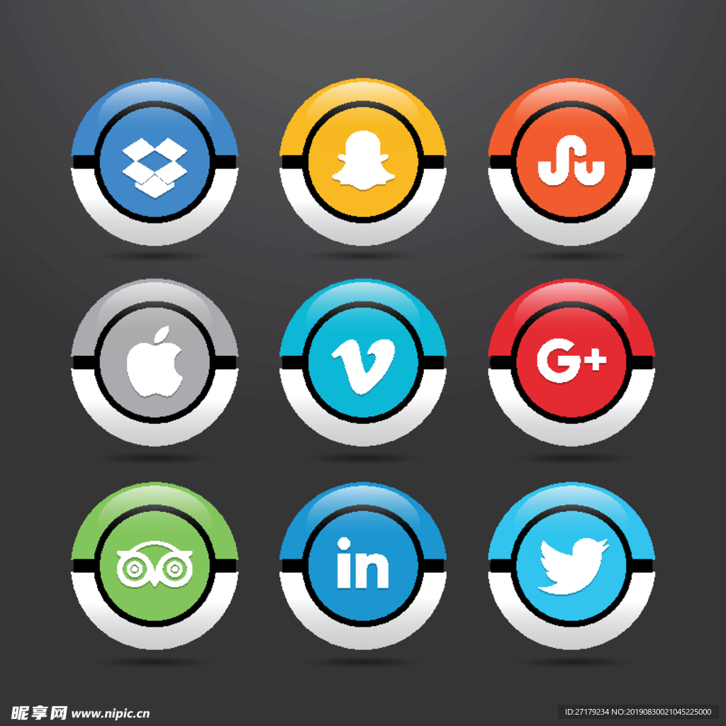 九个图标用于不同的社交网