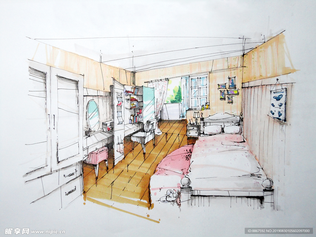 单身公寓欧式田园风卧室手绘图