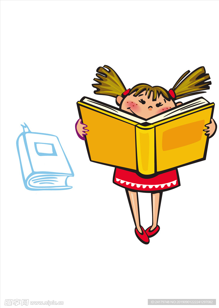 卡通小女孩开心拿着书读书矢量图
