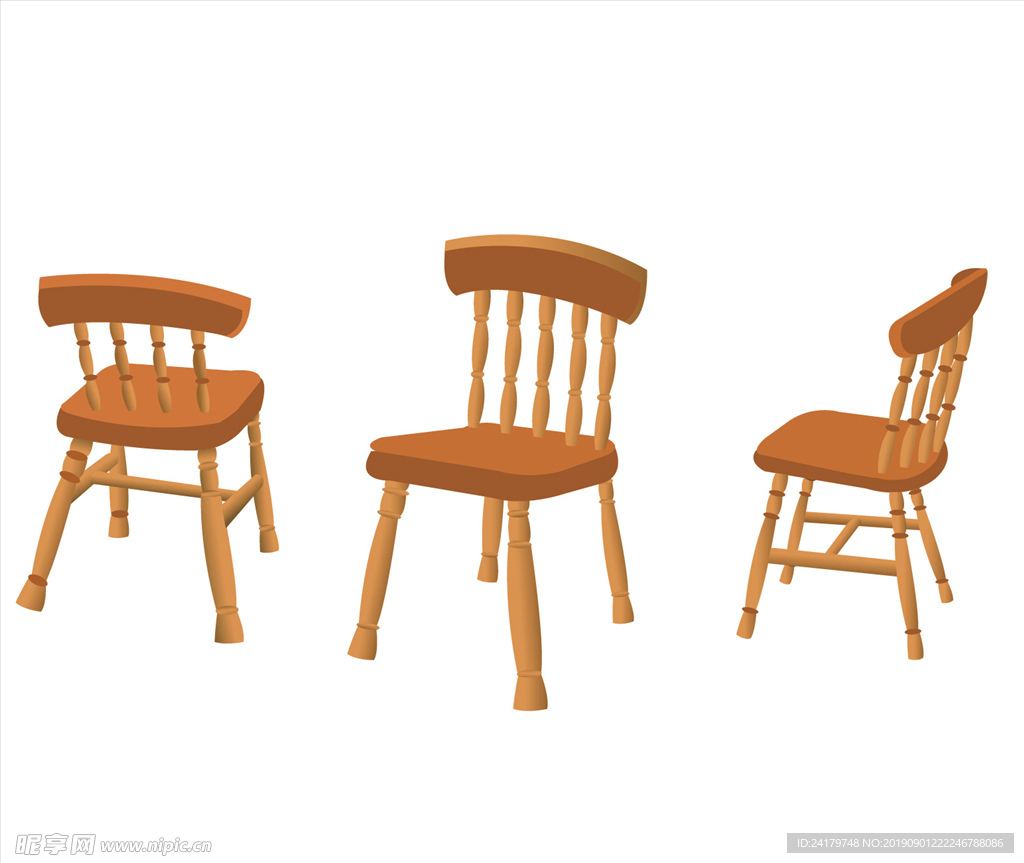 木椅子三个不同角度矢量图