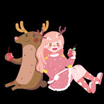 手绘可爱卡通吃苹果的女孩和小鹿