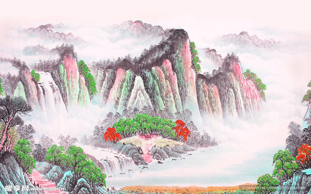 流水生财山水画