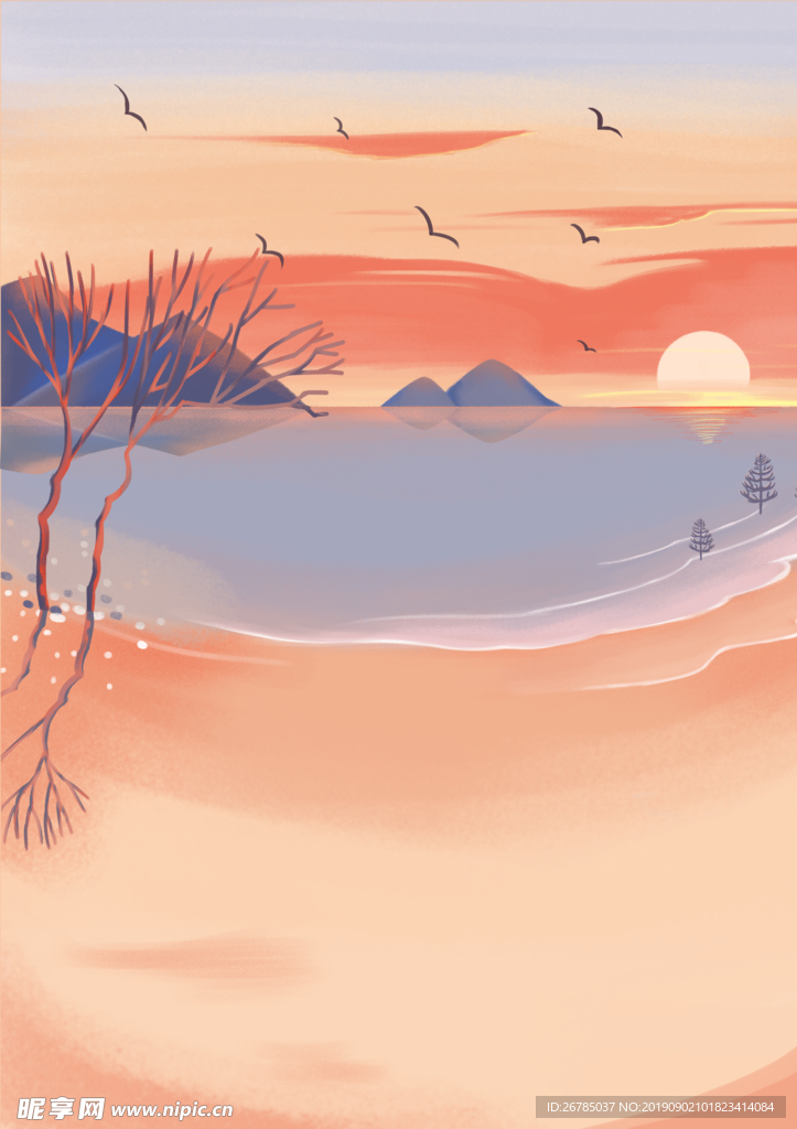 黄昏 小湖旁插画