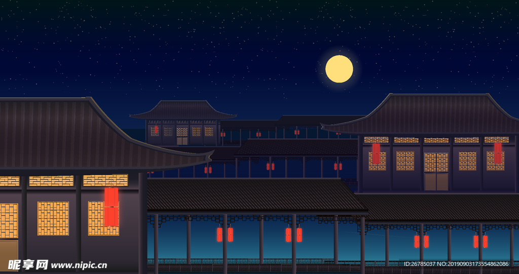 古代建筑夜色插画