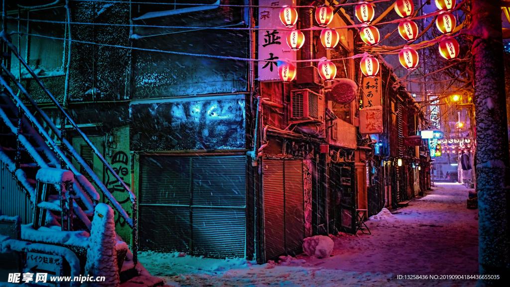 国外街道风雪灯光