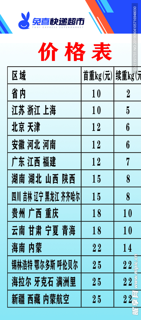 兔喜快递超市价格表