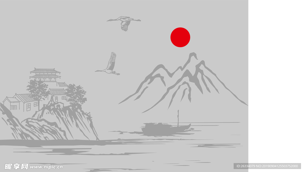 山 山水 房子 鹤 太阳 船