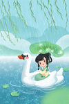 谷雨可爱女孩天鹅插画