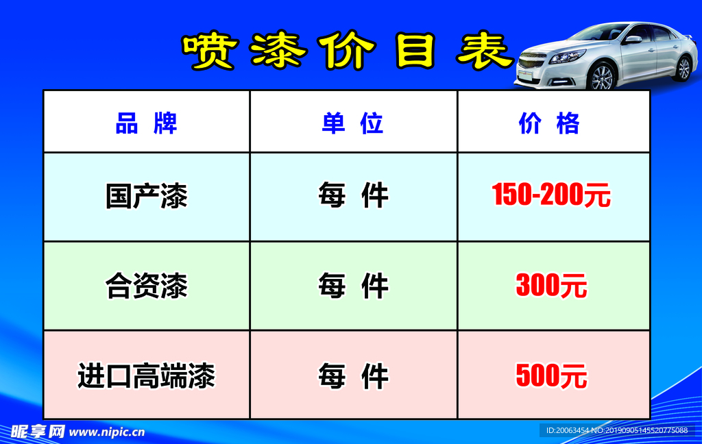 洗车价格表