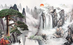 中国风国画山水迎客松电视背景墙