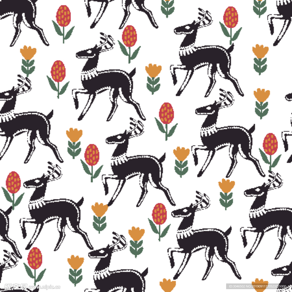 小鹿和花卉动植物无缝连续图案