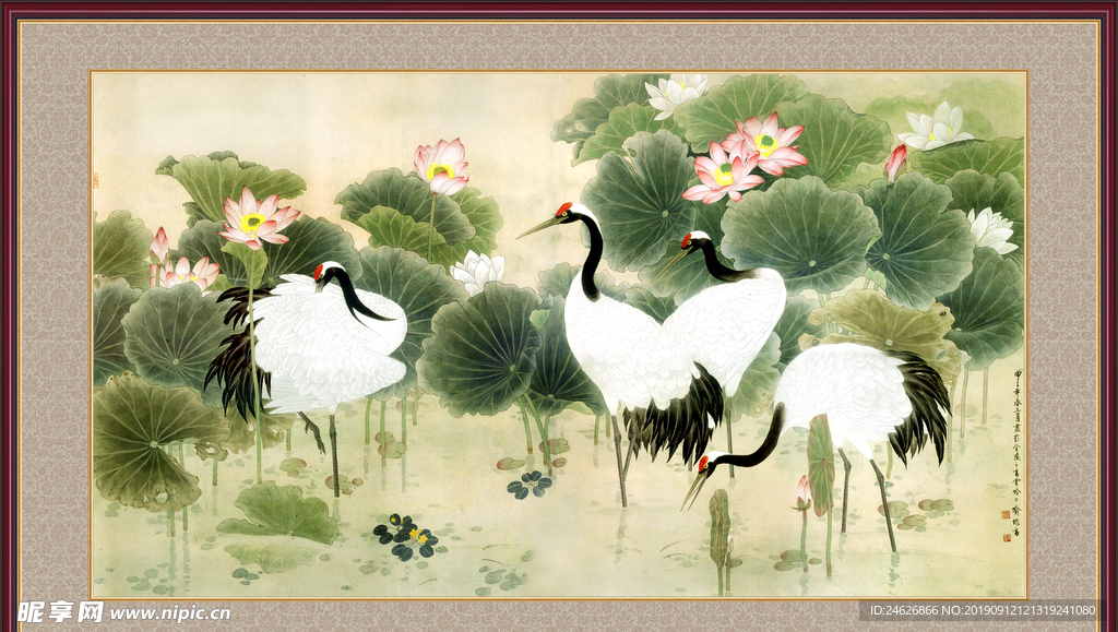 莲花仙鹤工艺画