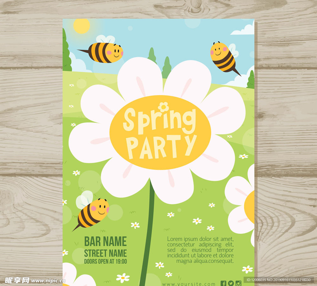 创意花卉和蜜蜂花园派对传单
