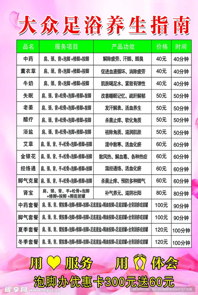 足浴价目表