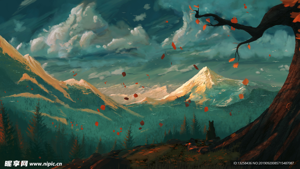 雪山大树风景插画