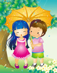 卡通情侣 下雨天撑伞