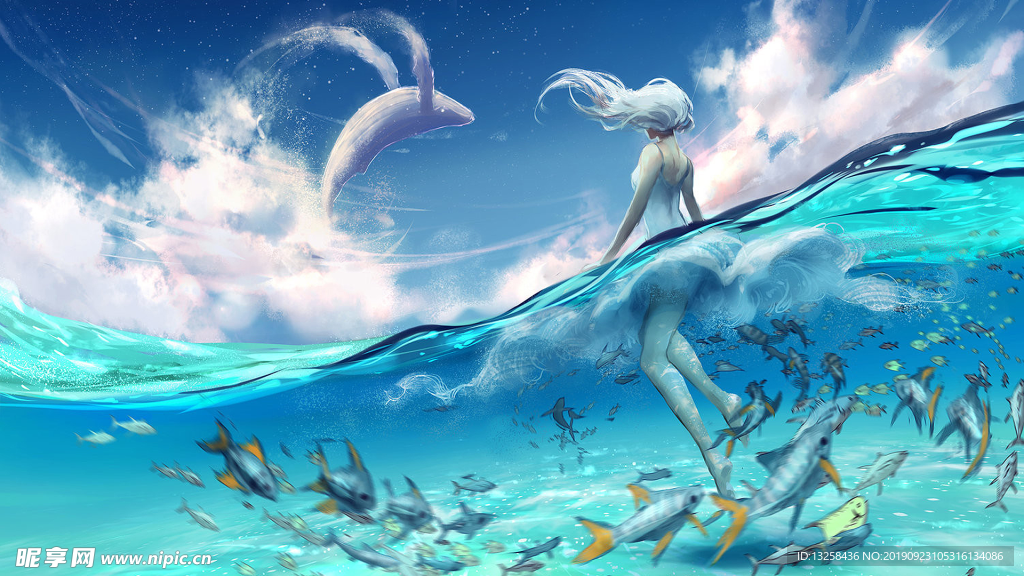 彩色海洋插画人物背景