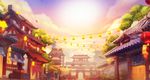 卡通插画古建筑手绘背景