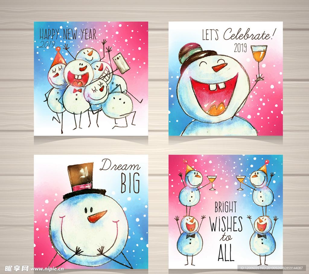 4款手绘雪人新年卡片