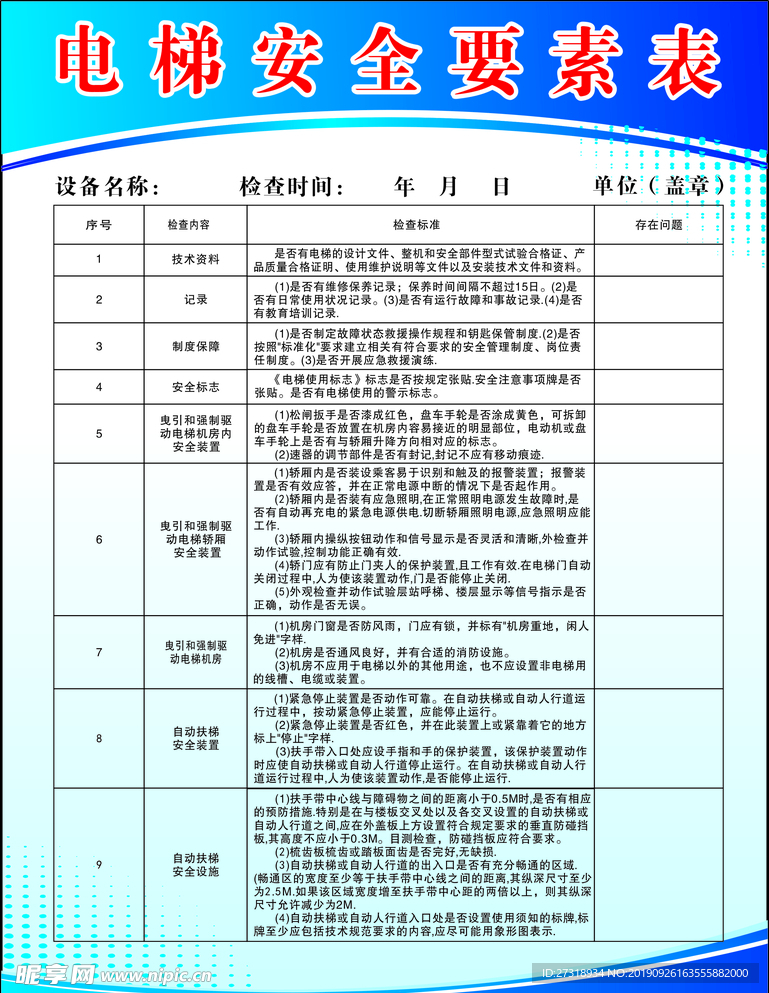 电梯安全要素表