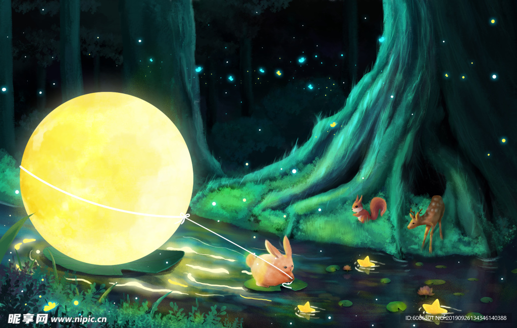 森系夜色月亮月色夜景插画海报