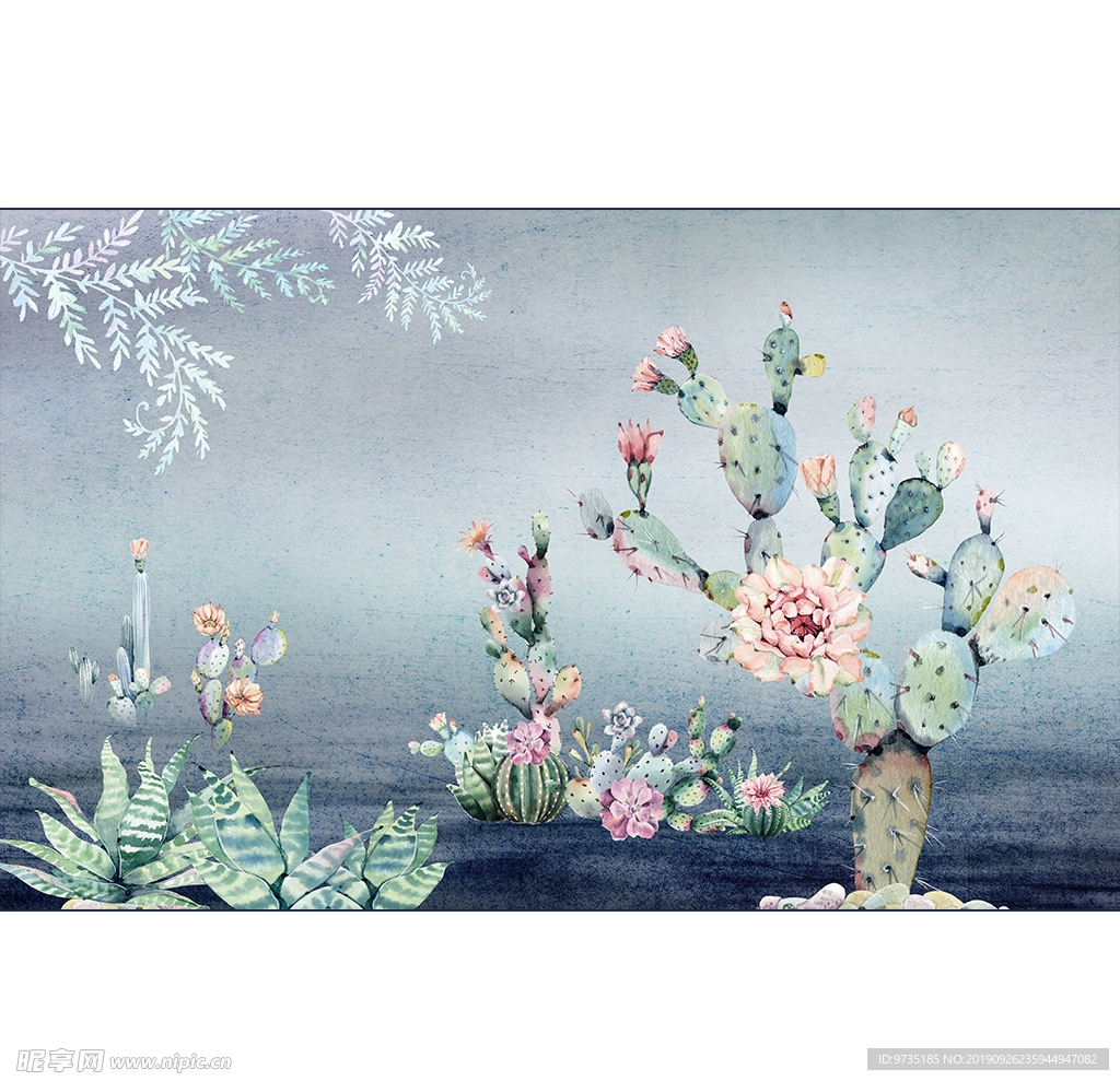 北欧现代手绘水彩热带植物壁画