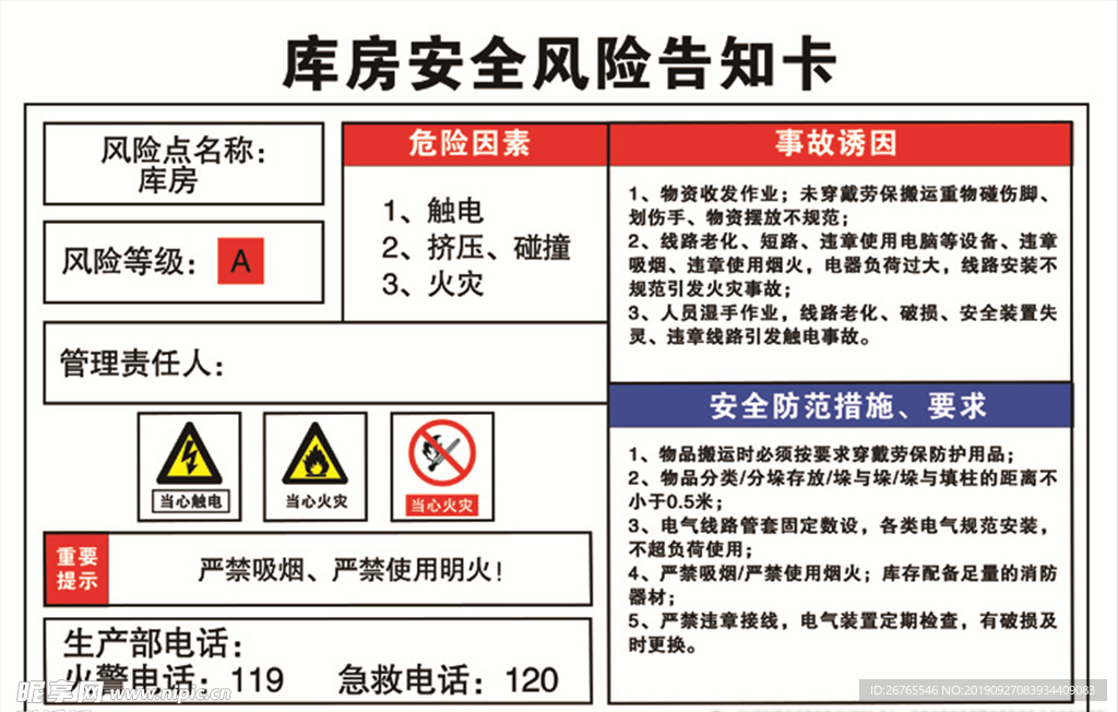 库房安全风险告知牌