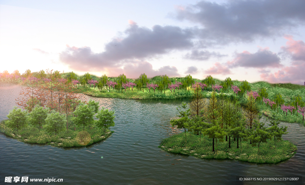 公园湖心岛及湖岸景观绿化效果图